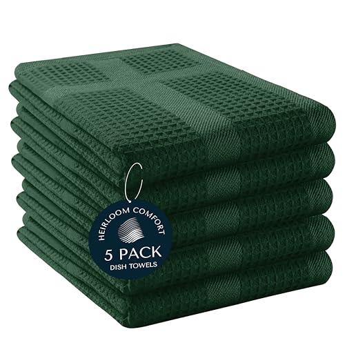 5 Pack Green Waffle Weave Kitchen Towels, 100% Cotton, 16"x26", Super Absorbent, Quick Dry Dishcloth Set with Hanging Loop, Soft for Drying Dishes, Cleaning, Hand Towel, Forest Green - color: Forest Green, style: 5 Pack
