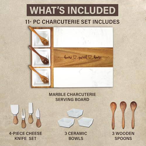 EMM Marble Cutting Board Set, Charcuterie Cheese Boards, 3 Bowls, 3 Spoons, 4 Charcuterie Utensils, Meat, Fruits, Vegetables, Housewarming, Wedding - Home Sweet Home - style: Marble-Home Sweet Home