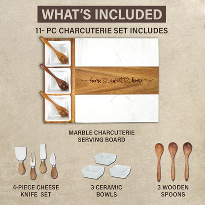 EMM Marble Cutting Board Set, Charcuterie Cheese Boards, 3 Bowls, 3 Spoons, 4 Charcuterie Utensils, Meat, Fruits, Vegetables, Housewarming, Wedding - Home Sweet Home - style: Marble-Home Sweet Home