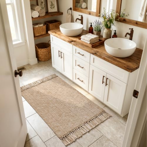 Entryway Door Mat, 27" x 43" Machine Washable Kitchen Rugs, Indoor/Outdoor Low-Profile Doormat Soft Hand-Woven Cotton Bathroom Rug Throw Rugs for Front Back Door Bedroom | Tan/Cream Braided Indoor Outdoor Mats, Soft Washable Bathroom Rug, Small Throw Rugs