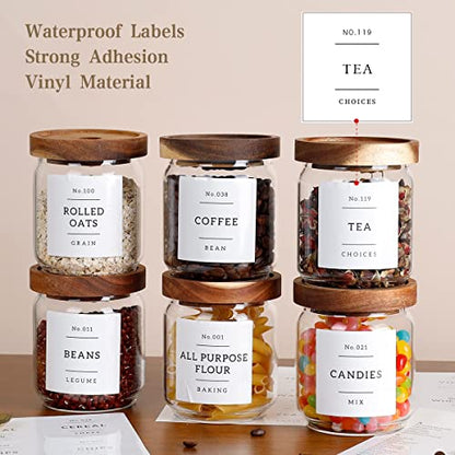 16 OZ Stackable Glass Food Storage Jars with 132 Pantry Labels Preprinted - 6 Pcs Thicken Glass Storage Containers with Airtight Acacia Lid - Clear Kitchen Canister for Spice, Tea, Coffee, Sugar - color: White