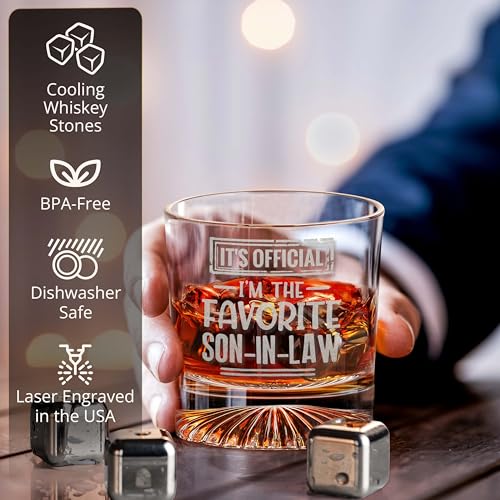 shop4ever It's Official, Favorite Son In Law Whiskey Gift Set, With Glass | Leather Coaster, Stainless Steel Stones, Wood Box, Gift For Men, Fathers Day Present, Wedding Idea, In Law Gift