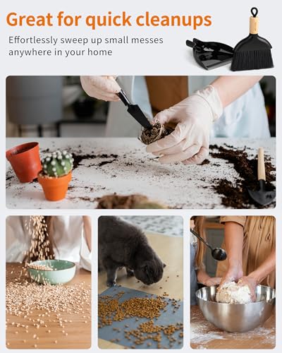MR.SIGA Mini Dustpan and Brush Set, Bamboo Handle, Black, 1 Set | Portable cleaning brush and dustpan combo, handheld brush and dustpan combo with hanging loop - color: Black