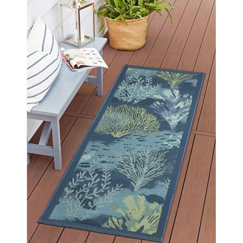 Liora Manne Esencia Machine Washable Non-Slip Low Profile Indoor/Outdoor Mat-Transitional, Abstract, Ocean, Contemporary, Coral Garden Lapis 1'11" x 4'11" - color: Coral Garden Lapis, size: 1'11" x 4'11" (Rectangular)