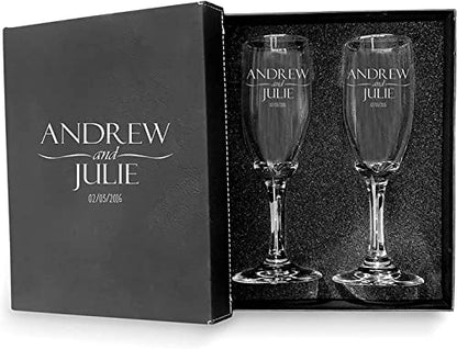 Bride Groom Names & Date Engraved Set of 2 Glasses, Customized Wedding Toast Champagne Flute Set, Wedding Toasting Glasses - Personalized Flutes - color: Wedding-01, style: Wedding Ring