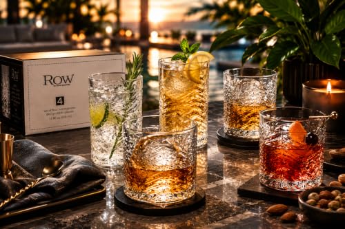 Highball Glasses Set of 4 Herringbone, 15.5 oz Tall Drinking Glasses, Elegant Textured Premium Glassware Tumblers for Water, Juice, Cocktails, Everyday use Vintage Style Beverage Glass Set