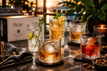 Highball Glasses Set of 4 Herringbone, 15.5 oz Tall Drinking Glasses, Elegant Textured Premium Glassware Tumblers for Water, Juice, Cocktails, Everyday use Vintage Style Beverage Glass Set
