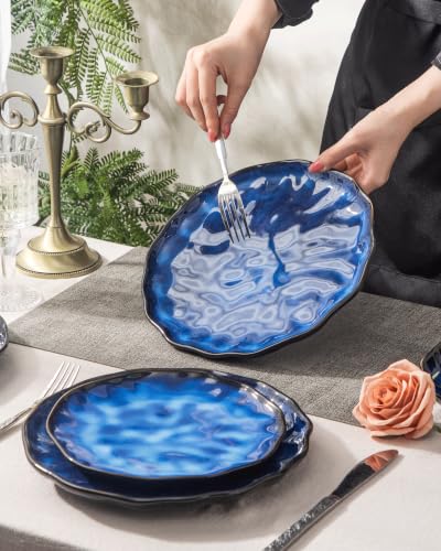 4-piece set, ceramic, natural active glaze plate and bowl set, microwave and dishwasher compatible tableware set, shatterproof and scratch resistant dinner set, irregular edge design, blue - color: style - 4