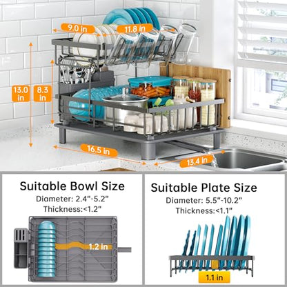 2 Tier Large Detachable Dish Drying Rack for Kitchen Counter, Gray | Compact Dish Drainer Organizer, Rust-Resistant, Space-Saving Dish Rack with Drainboard, Utensil Holder, Kitchen Organizer - color: 2 Tier-gray