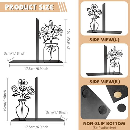 Metal Bookends Flower Vase Book Ends for Shelves | Flower Bookends Decorative Unique Desk Bookend Black Book Stopper for Home Reading Bookshelf Decor Book Lovers Gift - style: Flower Vase