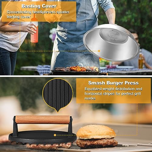 Griddle Accessories Kit, Terlulu 29 PCS Flat Top Grill Accessories for Blackstone and Camp Chef, Metal Spatula Set with Burger Press, Melting Dome, Scraper, Tongs, Carry Bag for Outdoor Grilling BBQ - style: with Round Burger Press