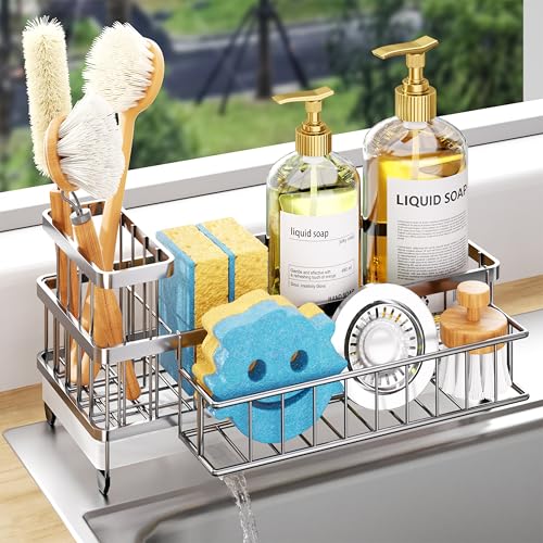 Consumest Sponge Holder for Kitchen Sink - Auto Draining Sink Caddy Organizer with Detachable Rack, High Brush Holder, Kitchen Countertop Storage Accessories, Silver-Extra Large - color: Silver, size: X-Large