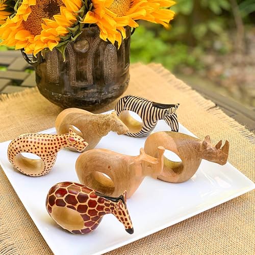 Mahogany Wood Animal Napkin Rings Set of Six - Handmade Wooden Napkin Rings - color: Assorted Animals