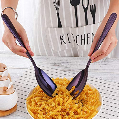 Salad Spoon and Fork Set, 12 Inch Stainless Steel Salad Server, Purple Serving Utensils, Dishwasher Safe, Pack of 2 - color: Purple