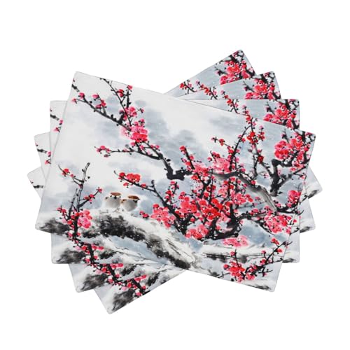 Ink Painting Cherry Blossoms Placemats Set of 4,Vintage Chinese Art Ink Painting Flower Linen Placemats Decoration for Family Dinners, Party, Holidays, Gathering 4 PCS - color: Ink Painting Flowers, size: 12"X18"|4 PCS