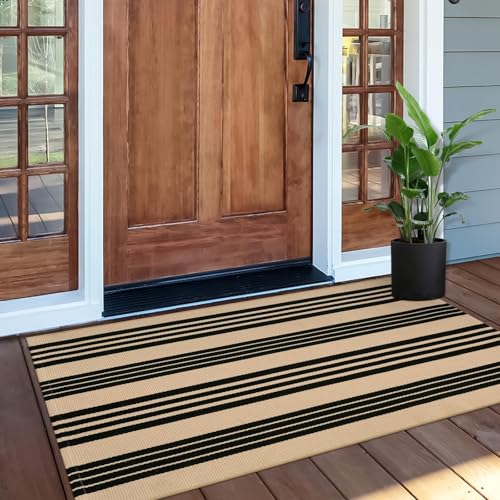 Front Door Mat 24"x51", Striped Porch Rug Outdoor Door Mat Fall Decor | Machine Washable Front Door Rug Welcome Door Mats Outside Entrance Indoor Outdoor Rugs Cotton Woven Entry Rug for Porch/Patio - color: Tan/Black Stripe, size: 2' x 4'4" (Rectangular)