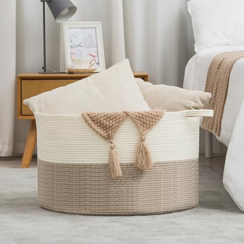 XXXLarge Woven Cotton Rope Basket (21.7" x 13.8") 90L – Blanket Basket for Living Room, Laundry Hamper, Baby Laundry Hamper, Toy Storage, Pillows & Cushions Organizer (Brown) - color: Brown
