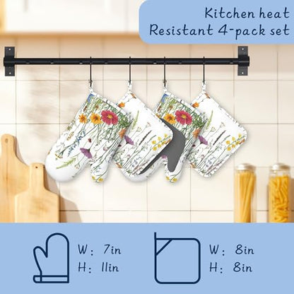 Spring Flowers Pot Holders and Oven Mitts,Rustic Wildflower Oven Mitts Heat Resistant Cotton Lining Anti-Slip Silicone Kitchen Mitts Set Hot Pads for Microwaves Cooking Baking Grilling - color: Spring Flowers