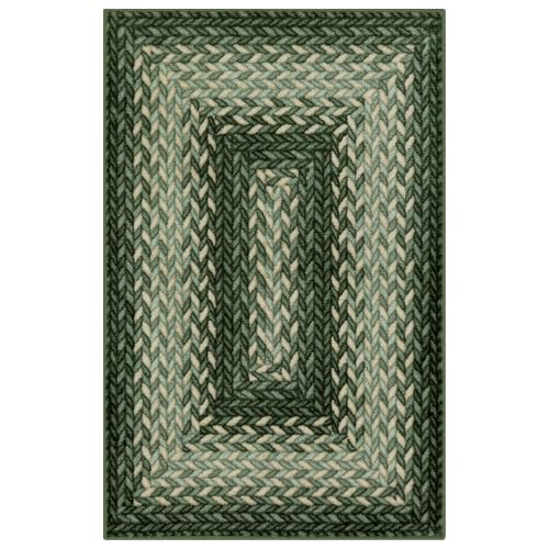 Maples Rugs Marion Bohemian Braided-Style Print Area Rug – Made in USA – Washable, Non-Slip Low-Profile Small Indoor Rug for Entryway & Kitchen, 46" x 30", Green - color: Green, size: 2'6" x 3'10" (Rectangular)
