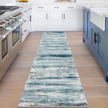 KOZYFLY Modern Abstract Runner Rug, 2x8 Kitchen Rugs Non-Slip Washable Soft Striped Hallway Runner Rugs, Print Blue Carpet Runner for Entryway Bathroom Laundry Room Foyer - color: Blue, size: 2' x 8' (Runner)