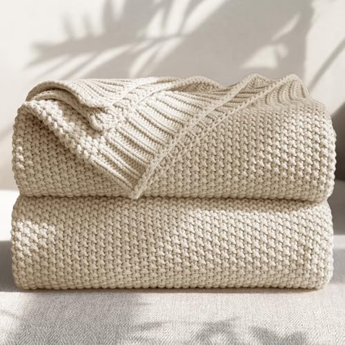 100% Cotton Cable Knit Throw Blanket, Lightweight Soft Knit Blanket for Sofa Couch Bed, Breathable All-Season Throw, Cozy Decorative Blanket, 50 x 60 Inch,Linen - color: Linen, size: Throw(50" X 60")