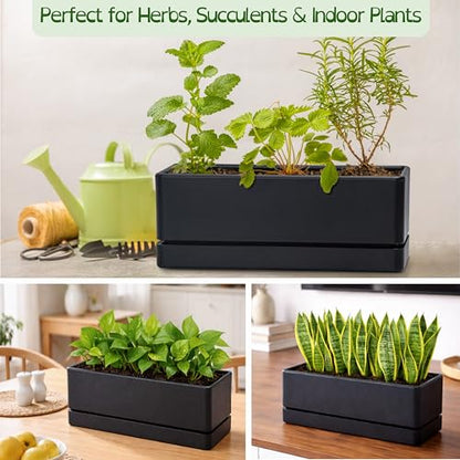 D'vine Dev Rectangular Planter, 12 x 4.5 in, Black, 76-X-B-1 | Minimalist Design, Large Planting Capacity, Drainage Holes & Saucer, Thick-Walled Durable Build, Ideal for Windowsills - color: Black