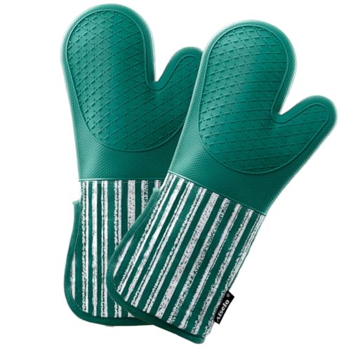 Alselo Silicone Oven Mitts Heat Resistant 932℉ with Waterproof & Non-Slip | Kitchen Mittens Set of 2,Extra Long 7.5"x15" Gloves with Soft Cotton Terry Lining for Baking Cooking BBQ (Emerald Green,2) - color: Emerald Green