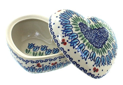 Blue Rose Polish Pottery - Green Garden Tulip Large Heart Box - 5.5" x 5" - Hand-Painted Polish Pottery Ceramic Jewelry, Trinket & Keepsake Storage Box with Lid