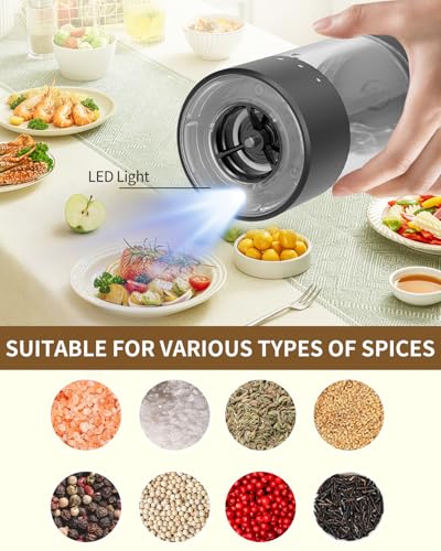 CIRCLE JOY Electric Salt and Pepper Grinder Set Automatic Salt and Pepper Grinder Set with Easy-to-Carry Charging Base and LED Light, USB Rechargeable, Upgrade External Adjustable Coarseness - color: Black