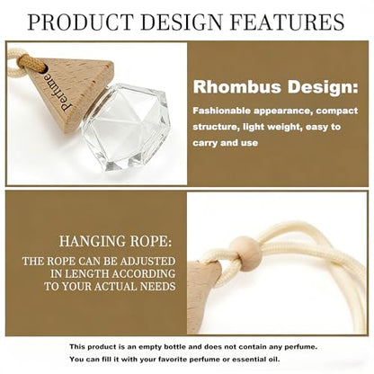 2-Pack Rhombus Refillable Hanging Car Diffuser Empty Glass Bottle | Wood cap hanging aroma pendant with dropper, holds essential oils for car home closet office - size: Rhombus - 2PCS