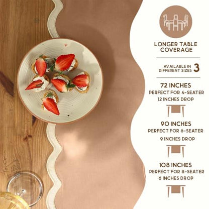 Folkulture Fall Table Runner 90 Inches Long | Brown Scalloped | Table Runner for Dining Table Decor, 100% Cotton, Machine Washable, Party, Farmhouse Decor, Thanksgiving Decorations - size: 14" x 72", style: Sand Dune