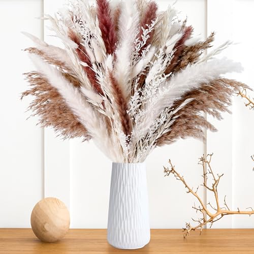 85PCS Dried Pampas Grass Boho Decor, 17" Natural White Dried Flowers Pampas Grass Bouquet, Bunny Tails, Oat Stems & Aquatic Grass for Neutral Home Decor, Wedding, Minimalist Vase Arrangement - color: White