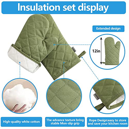 Oven Mitts and Pot Holders 4 pcs Set,High Heat Resistant 500 Degree Extra Thicken Long Kitchen Cotton Oven Glove for Cooking (12 Inch,Green) - color: Cotton-green