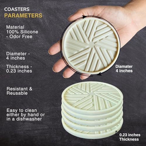 Silicone Coasters Set of 6 with Gold Holder and Modern smart Pattern, Protection for Coffee Table - Ivory - color: Neutral Ivory