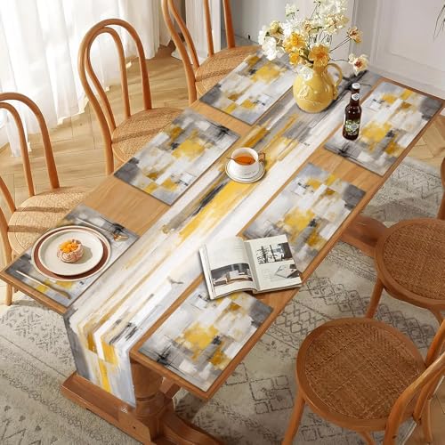 Mcalk Yellow Table Runner and Placemats Set of 6, Abstract Grey Placemats, Modern Cloth Place Mats Indoor for Kitchen,Washable Linen Material for Dining Table - color: 01yellow1