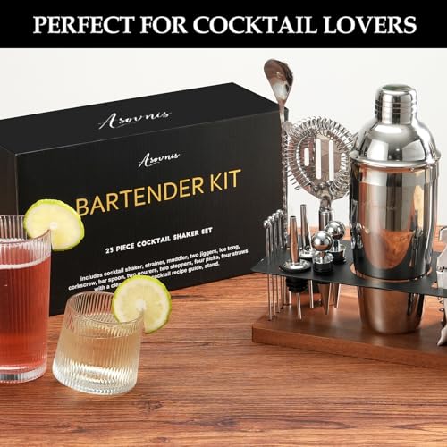 23-Piece Cocktail Shaker Set with Stand, 304 SS, Bartender Kit Gift | Complete Home Bar Set: Leak-proof Shaker, Jigger, Muddler, 18/8 Steel, Gift for beginners, cocktail lovers & house parties - color: Brown