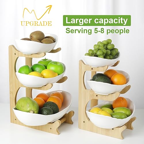 Seven Sparta 3 Tier Fruit Bowl for Kitchen Counter (PLUS Series) / Ceramic Serving Bowls with Bamboo Stand/Big Size Tiered Fruit Basket for Fruit Vegetable Storage, Dessert, Salad Buffet Server - style: PLUS edition