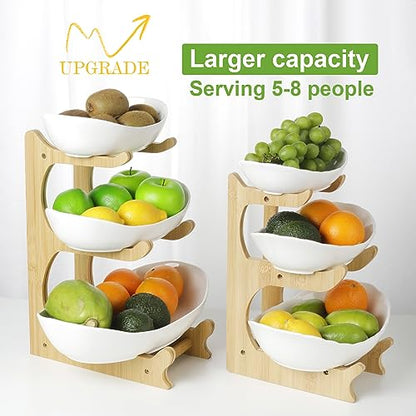 Seven Sparta 3 Tier Fruit Bowl for Kitchen Counter (PLUS Series) / Ceramic Serving Bowls with Bamboo Stand/Big Size Tiered Fruit Basket for Fruit Vegetable Storage, Dessert, Salad Buffet Server - style: PLUS edition