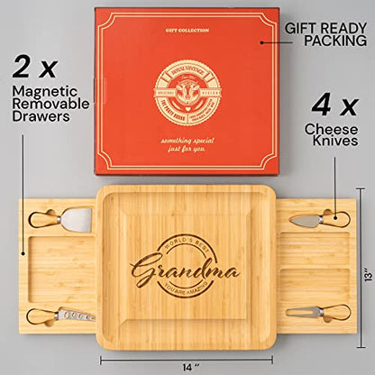 Birthday Gifts for Grandma | Thoughtful Gift for Grandmothers | Best Grandmother Ever Gift | Unique Kitchen Presents for Grandmas | Cheese Board Charcuterie Set with 4 Knives - style: Grandma