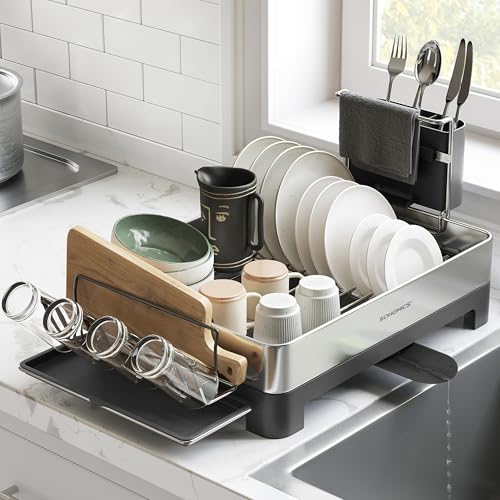 SONGMICS Dish Drying Rack, Premium Stainless Steel Dish Rack with Rotatable Spout, Fingerprint-Resistant Dish Drainers for Kitchen Counter, 12.5 x 22.5 in, Silver and Black UKCS030B01 - color: Silver + Black, size: 12.5"D x 22.5"W x 9.7"H