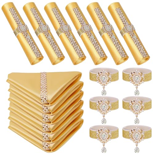 12 Pack Gold Satin Bling Cloth Napkins & Gold Napkin Rings Set of 6 | 17x17 Inch Personalized Wedding Napkins, Square Fancy Dinner & Cocktail Napkins for Bridal Shower, Party Table Décor - color: Gold