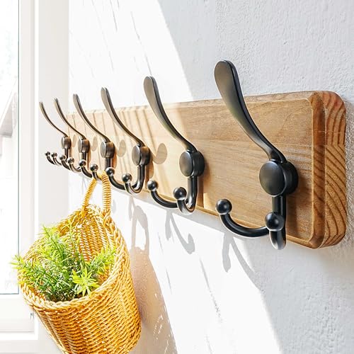 Coat Rack Wall Mounted - 24" Long 6 Tri Hooks, Heavy Duty Wooden Wall Coat Hanger Coat Hook for Clothes Hat Jacket Clothing, Weathered Yellow and Black - color: Weathered Brown & Black, size: L=24"