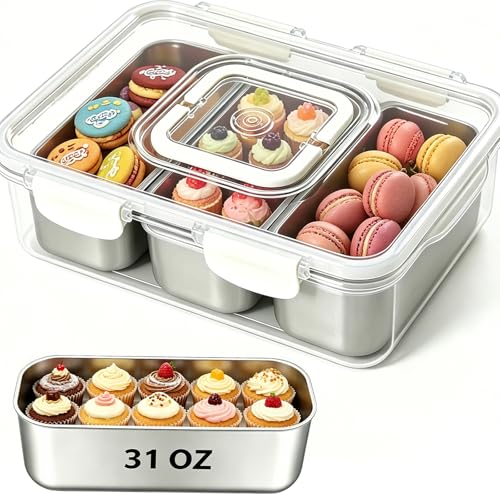 Snackle Box Container, Stainless Steel Divided Serving Tray with Lid and Handle, Large Snack Tray for Fruit Veggie Candy, 3-Compartment Snack Platter for Travel Party Beach Picnic - color: Silver, size: 3 Compartment (13.38"L x 9.25"W x 3.54"H)