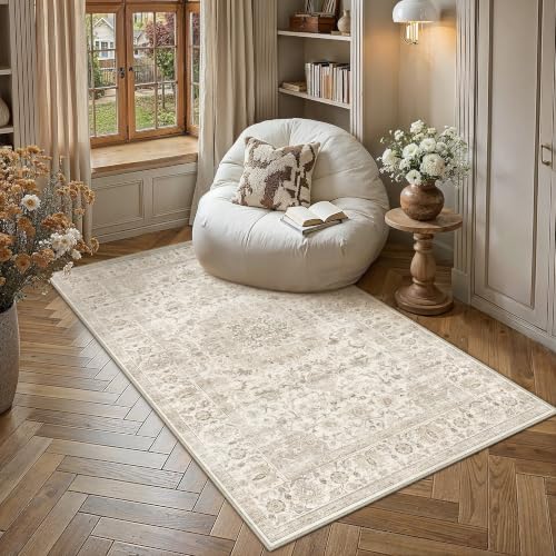 3x5 Washable Area Rug Beige Vintage Floral Farmhouse Style | Non Slip, Low Pile, Thin Distressed Medallion Carpet, Indoor Throw Rug for Living Room, Entrance, Foyer Entryway - color: Vintage Beige, size: 3' x 5' (Rectangular)