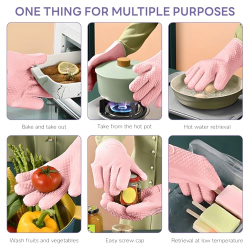 1 Pair Oven Mitts, Heat Resistant Protective Oven Gloves, Cotton Lined Silicone Kitchen Mitts Pair, Nonslip Silicone Cooking Gloves with Fingers (Pink) - color: Pink