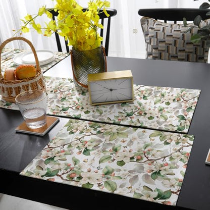Table Runner and Placemats Set of 4 White Floral Leaves Decorative Dining Table Runner with Matching Placemats Butterfly Tree Branches Table Decor for Kitchen Dining Room and Everyday Use 13x90in - size: 13"x90"+4pcs