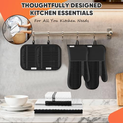 Oven Mitts Kitchen Towels and Dishcloths with Pot Holders Sets, Oven Gloves Hot Pads 500°F Heat Resistant with Silicone Grip, Include 2 Cooking Gloves/2 Potholders/4 Kitchen Towels/4 Dish Towels - color: Black
