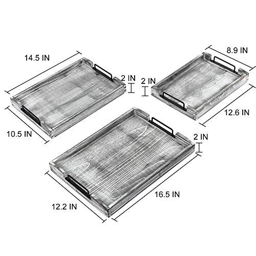Country Rustic Torched Wood Nesting Breakfast Serving Trays with Handles, Set of 3 (White Grayish) - color: White Grayish