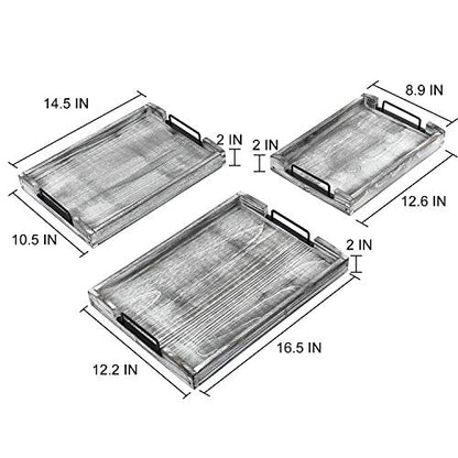 Country Rustic Torched Wood Nesting Breakfast Serving Trays with Handles, Set of 3 (White Grayish) - color: White Grayish