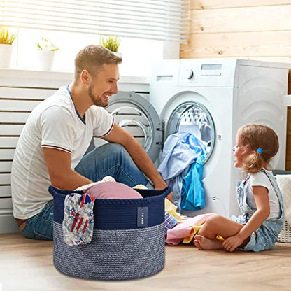 COMSE XXXLarge Woven Blanket & Laundry Basket, 87L, Navy Blue | 21.7" x 13.8", Cotton Rope, Nursery Hamper for Storage of Toys Clothes Towels, Ideal for Living Room Bedroom Bathroom - color: Navy Blue